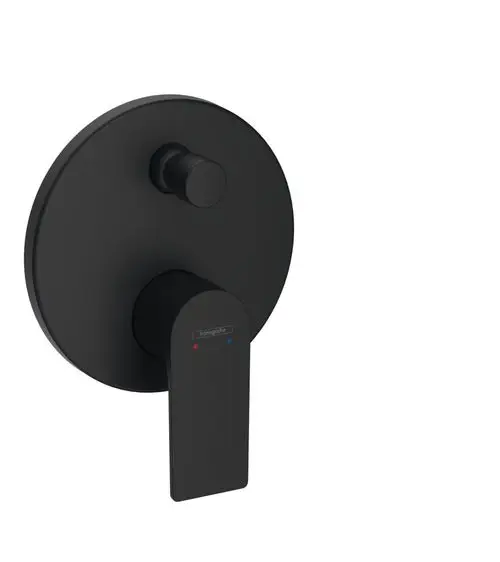 Schwarzer Unterputz-Wannenmischer mit einem Hebel und betriebsbereiten Temperaturanzeigen. Design von Hansgrohe, geeignet für Montage in Badezimmern.